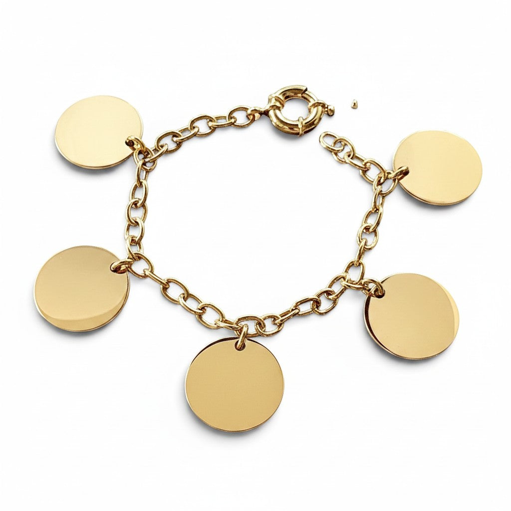 ANNA VON BERGMANN Armband mit Gravur aus goldplattiertem Messing mit fünf runden Anhängern an einer Gliederkette