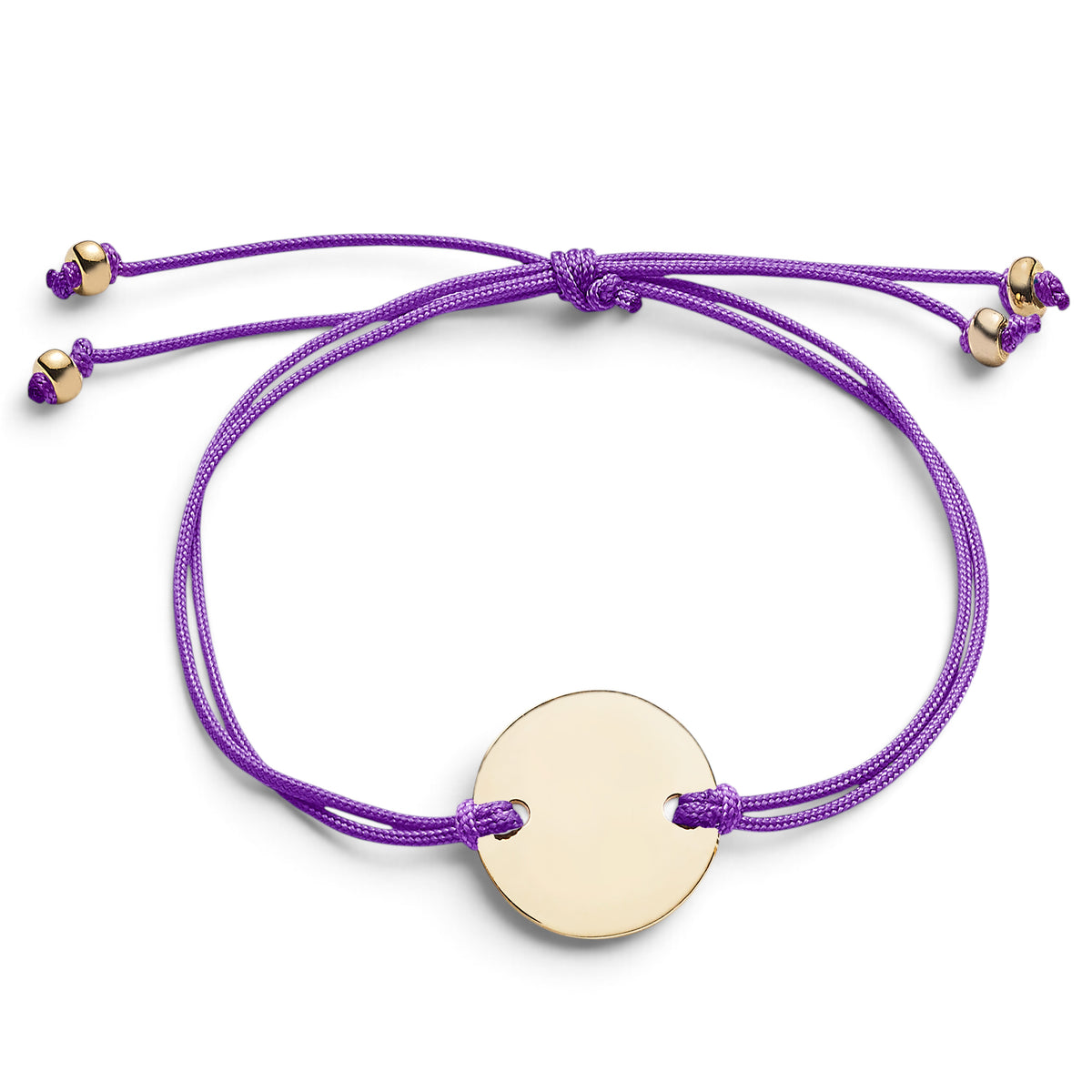 ANNA VON BERGMANN CORD Armband mit runder, goldplattierter Plakette an einem violetten Nylonband
