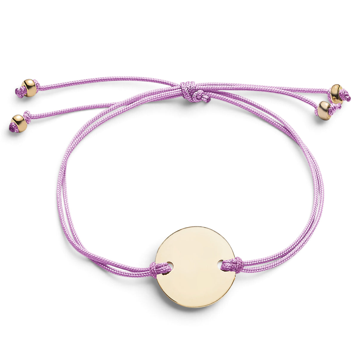 ANNA VON BERGMANN Armband mit runder goldplattierter Plakette an einem lila Nylonband mit verstellbarem Verschluss