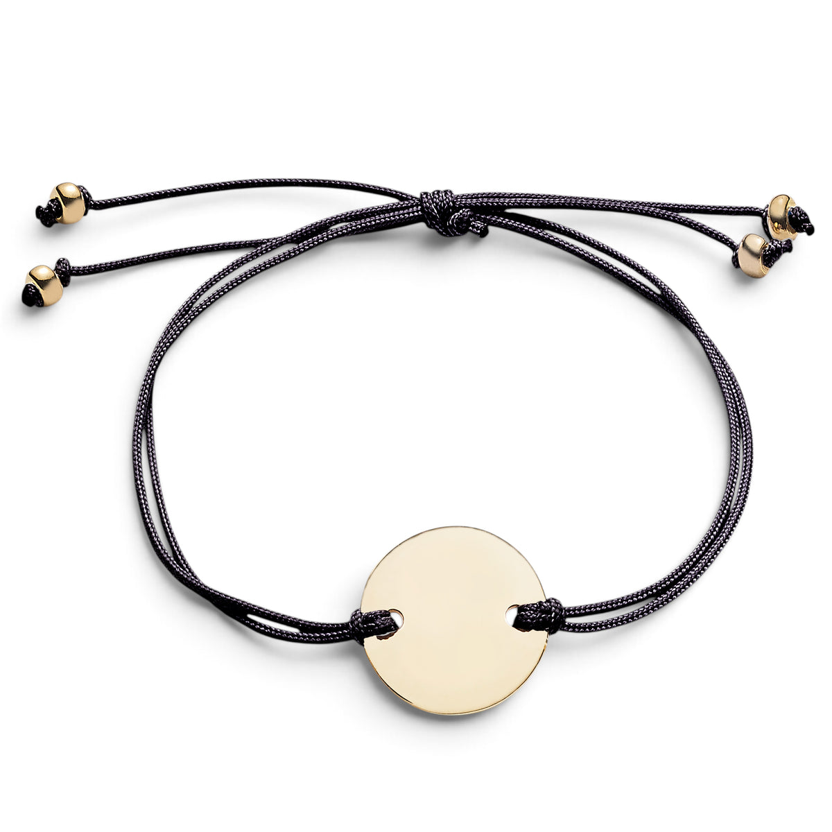 ANNA VON BERGMANN Armband mit goldplattierter runder Plakette an einem schwarzen Nylonband