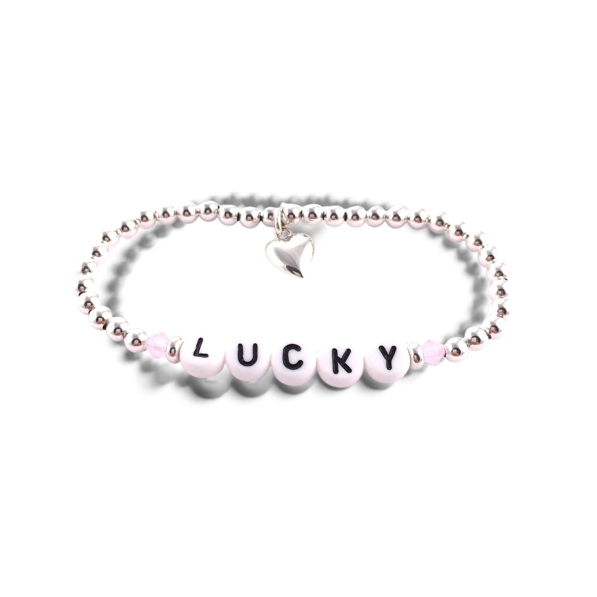 ANNA VON BERGMANN PUSCHEL Armband aus Sterlingsilber mit Buchstabenperlen, Swarovski-Kristallen und Herzanhänger
