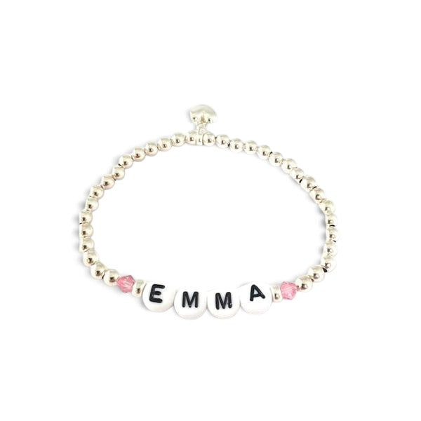 ANNA VON BERGMANN PUSCHEL Armband aus Sterlingsilber mit Buchstabenperlen, rosa Swarovski-Kristallen und Herzanhänger