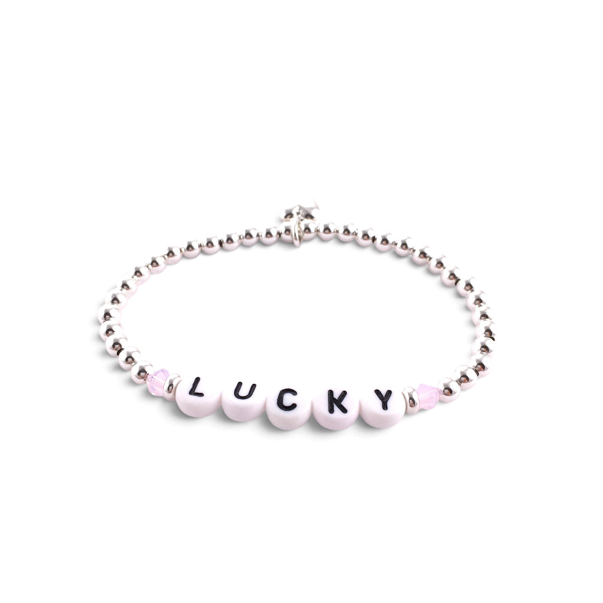 ANNA VON BERGMANN PUSCHEL Armband aus Sterlingsilber mit Buchstabenperlen, Swarovski-Kristallen und Herzanhänger