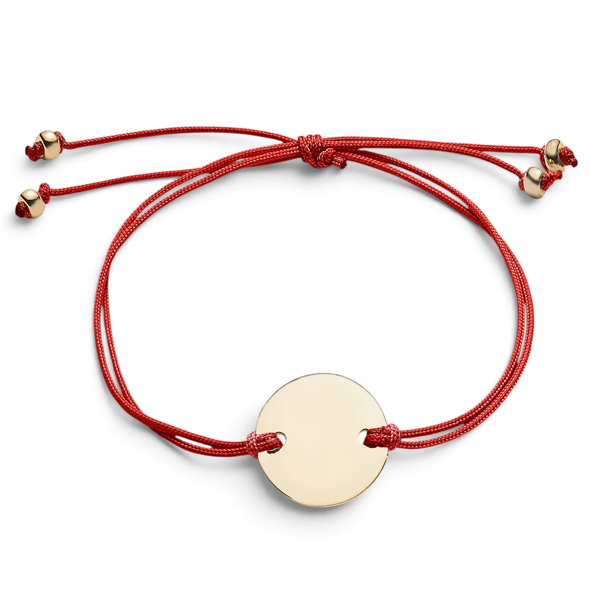 ANNA VON BERGMANN Armband mit roter Nylonkordel und runder, goldplattierter Plakette aus Messing