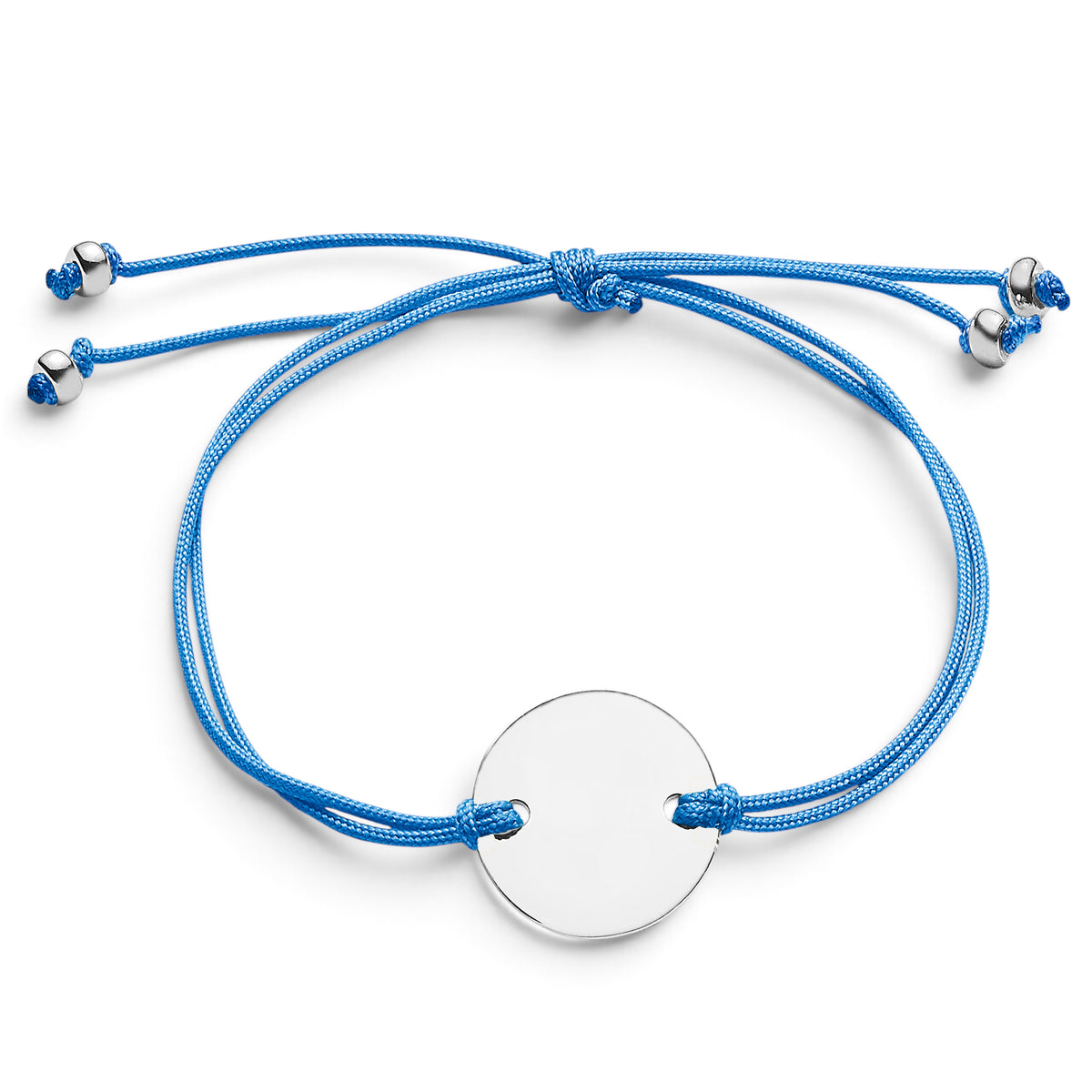 ANNA VON BERGMANN Armband mit blauer Nylonkordel und runder 15 mm Plakette aus glänzendem Sterlingsilber
