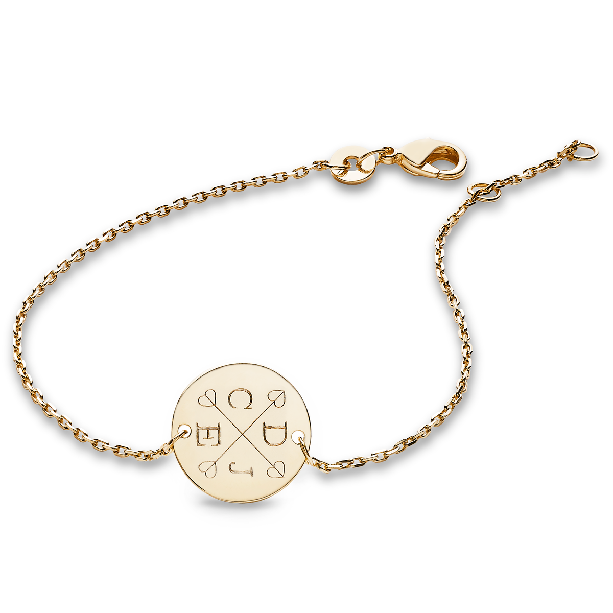 ANNA VON BERGMANN Armband DAISY mit Gravur aus 18 kt goldplattiertem Messing, runde Plakette mit Initialen und Pfeilen